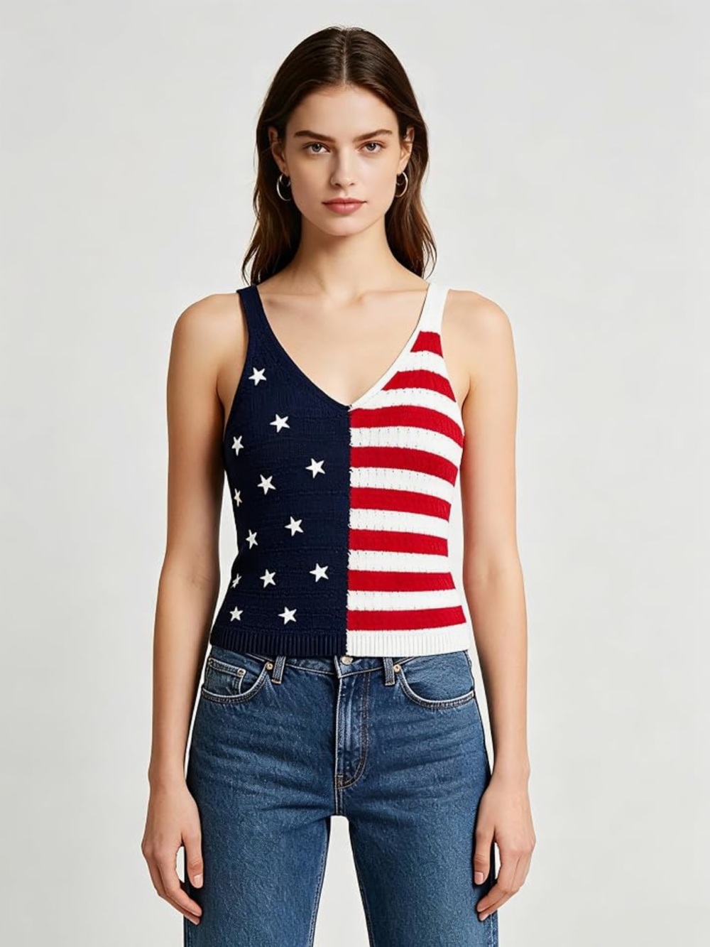 moon & madison Patriotic V-Neck Flag Tank Top - Navy/Red/White